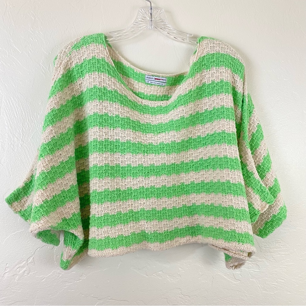 Urban Outfitters Size Large Lime Green & Cream Striped Short Sleeve Sweatshirt